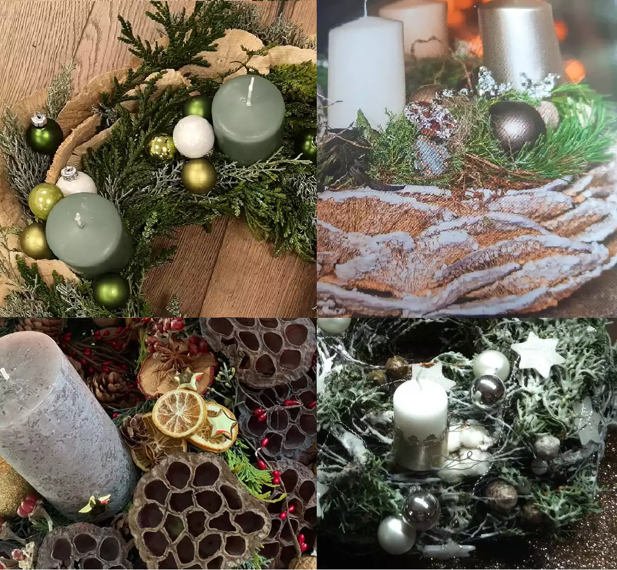 4 kleine Bilder mit verschiedenen Auschnitten von Adventskränzen